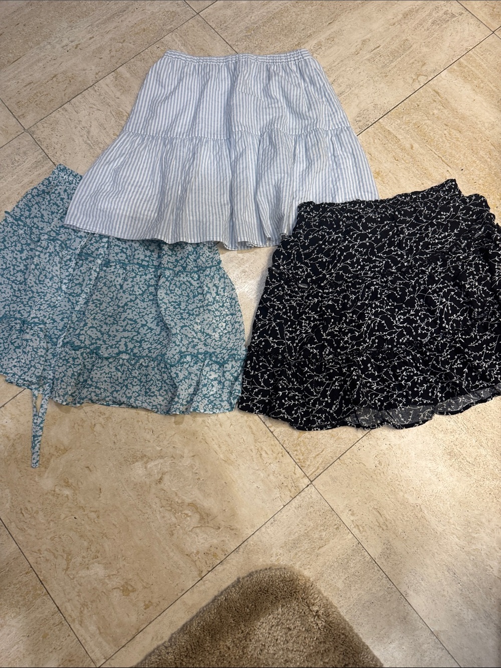 3 Women’s Skirts- Blue and White Striped, Black Floral & Teal Floral